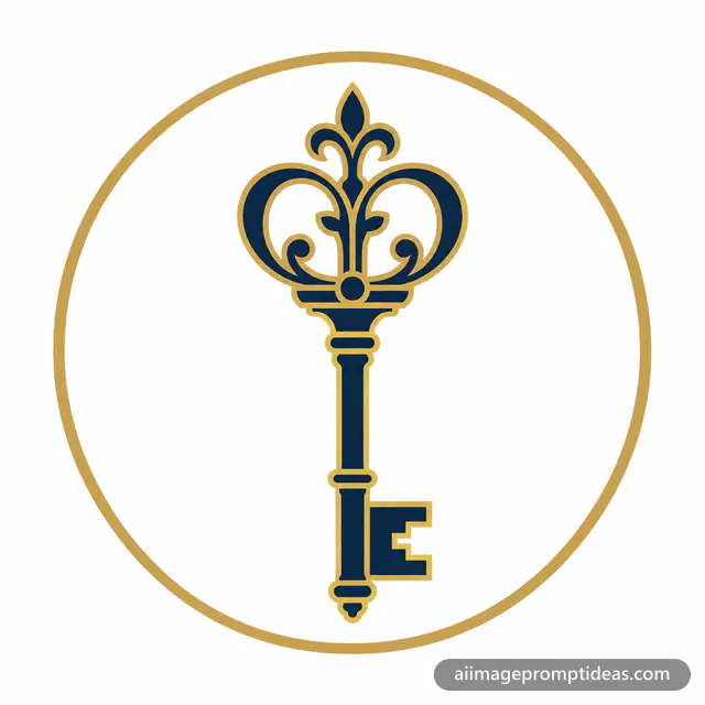 Minimal navy and gold hotel logo of a vintage key with a crown, AI generated