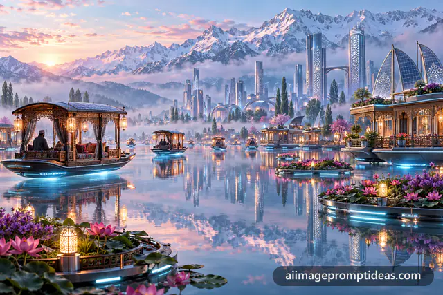 Glowing hover shikaras over Dal Lake in a futuristic Srinagar, AI generated