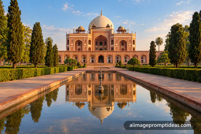 Humayun's Tomb reflected in the charbagh garden channel, AI generated