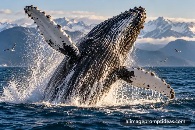 Humpback whale breaching out of the ocean with water cascading off it, AI generated