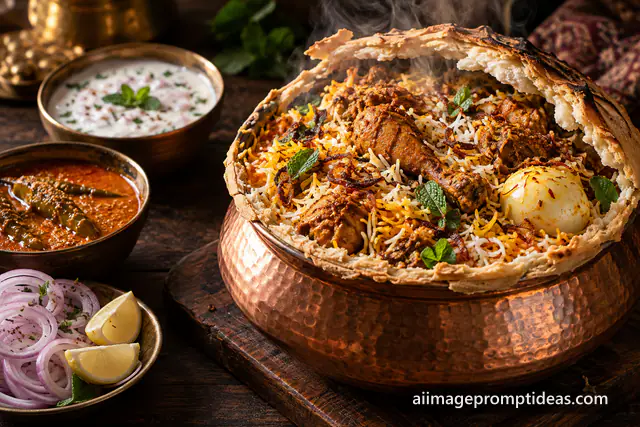 Hyderabadi dum biryani in a copper handi with steam, raita and salan on a dark table, AI generated