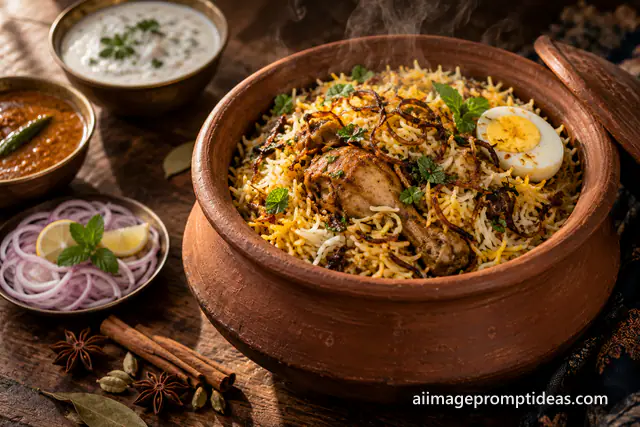 Steaming Hyderabadi chicken biryani in a clay handi with raita, onions and spices on a dark table, AI generated