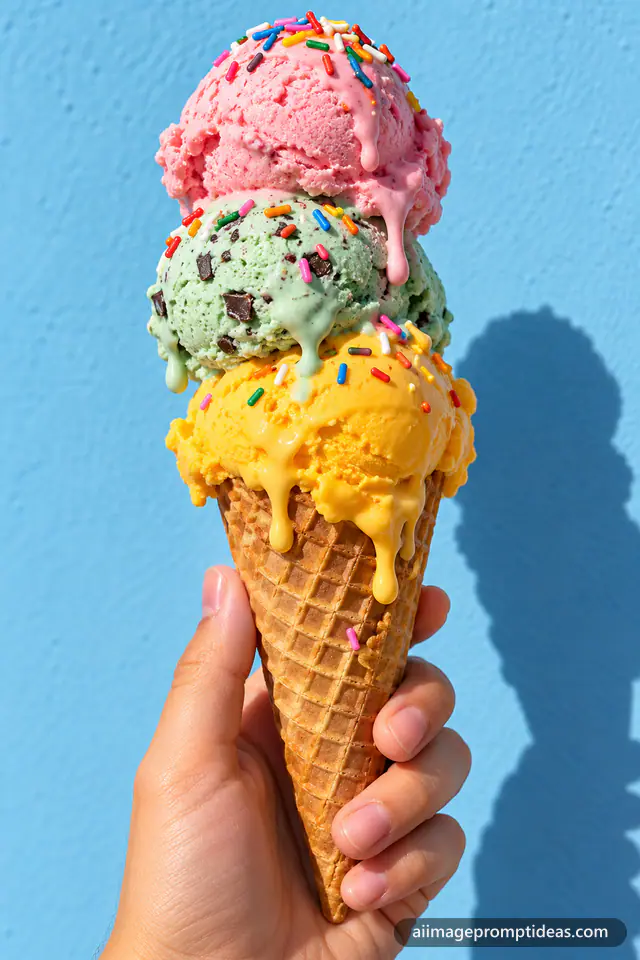 Hand holding a triple scoop ice cream cone melting against a pastel blue wall, AI generated