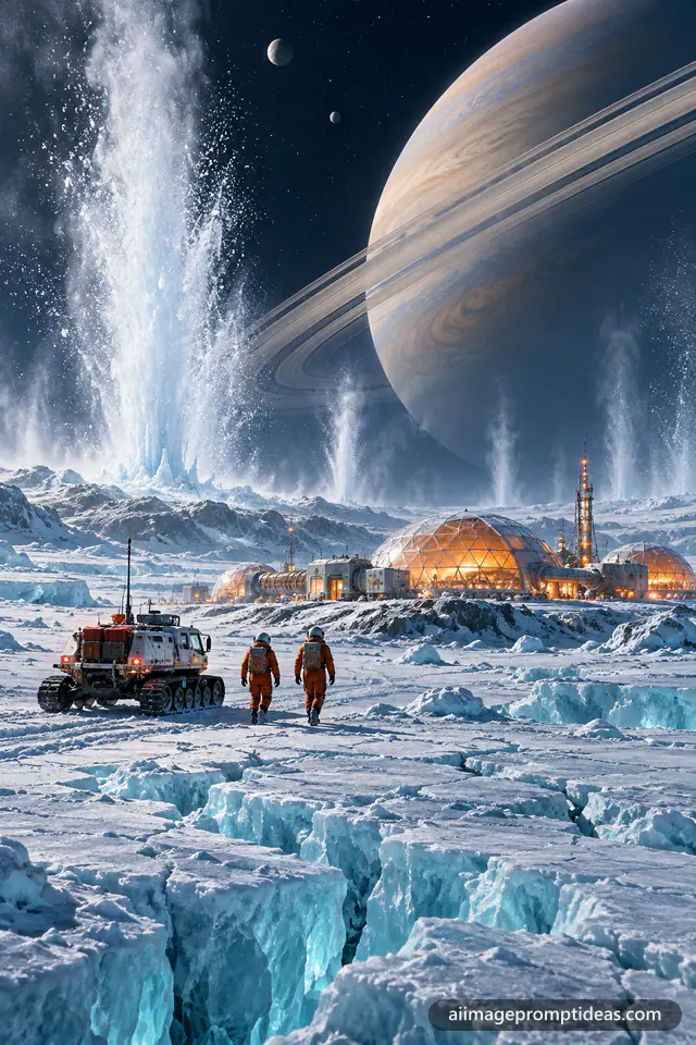 Research station on frozen moon with geysers and ringed planet, AI generated
