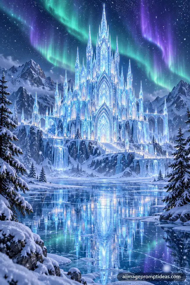 Shimmering ice palace glowing blue on a frozen mountain under northern lights, AI generated