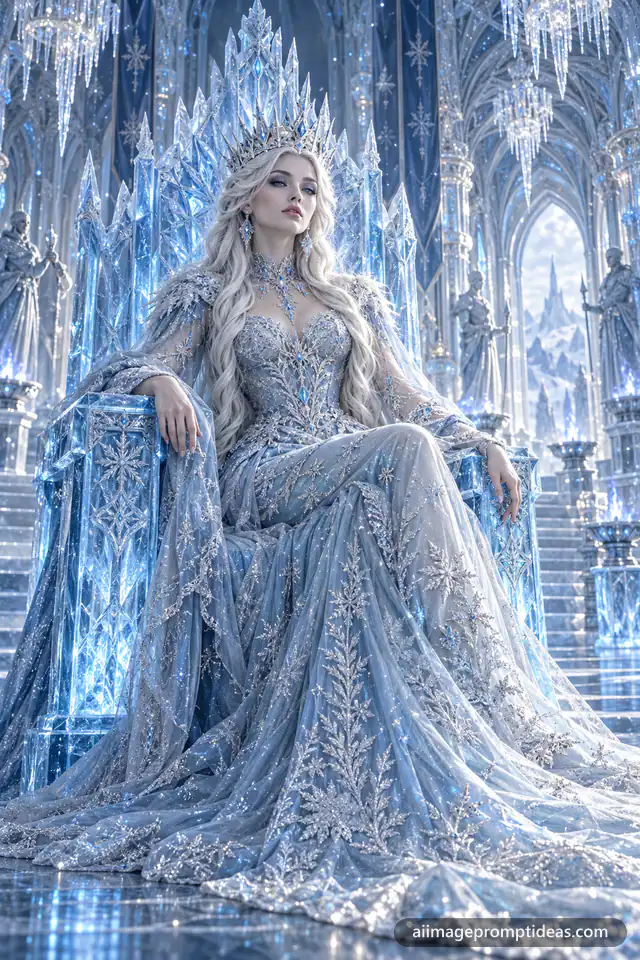 Ice queen with a crystal crown seated on a throne of glowing ice in a frozen palace, AI generated