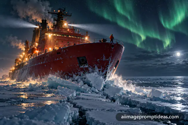 Red icebreaker ship cracking sea ice under green aurora at night, AI generated