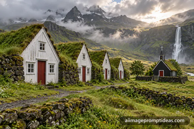 Historic Icelandic turf houses with grass roofs and white gables, AI generated