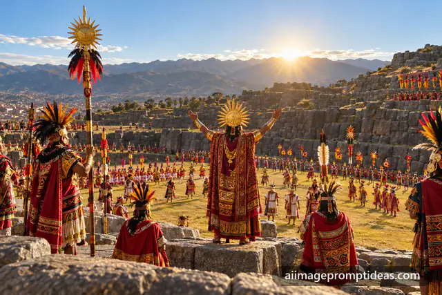 Inti Raymi performers in golden sun headdresses on stone terraces near Cusco, AI generated
