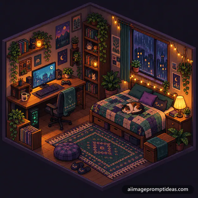 Isometric pixel art of a cozy bedroom with a gaming desk, sleeping cat, plants and a rainy window, AI generated
