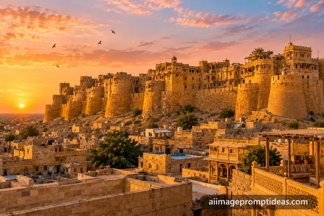 Golden sandstone Jaisalmer Fort glowing at sunset above the desert city, AI generated
