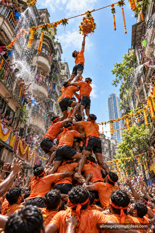 Human pyramid of young men reaching for the dahi handi pot on a Mumbai street, AI generated