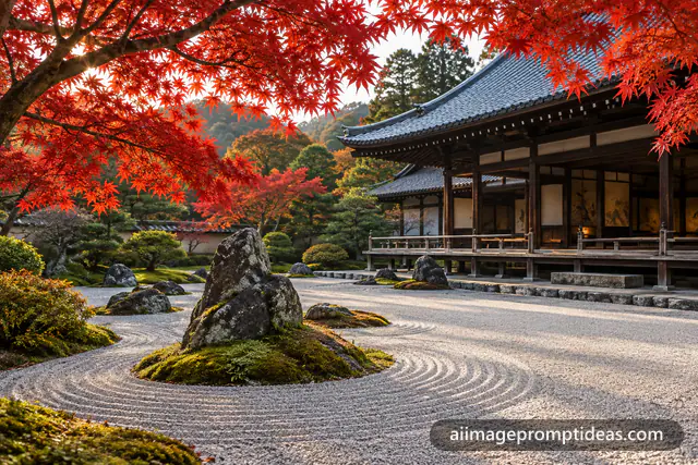 Japanese zen garden with raked gravel and moss rocks leading to a wooden temple under red maple leaves, AI generated
