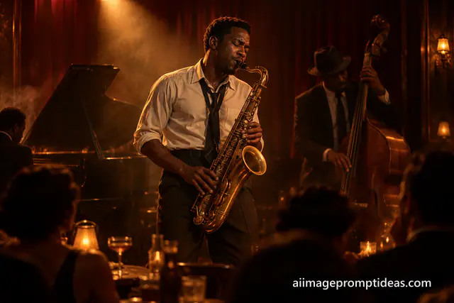 Saxophonist playing under a spotlight in a smoky jazz club, AI generated