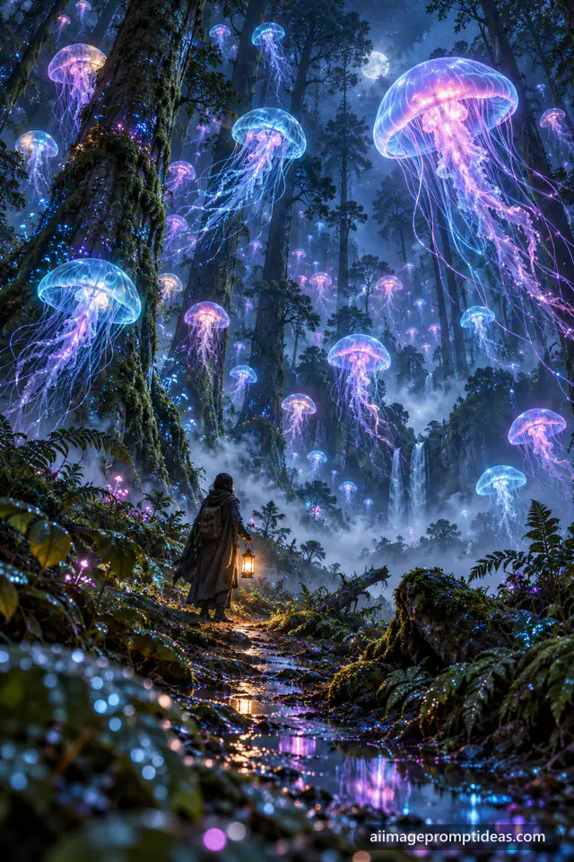 Glowing jellyfish floating through a misty night forest with a lantern-bearing traveler, AI generated