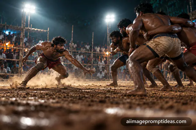 Kabaddi raider crouching mid-raid on a dusty floodlit village court, AI generated
