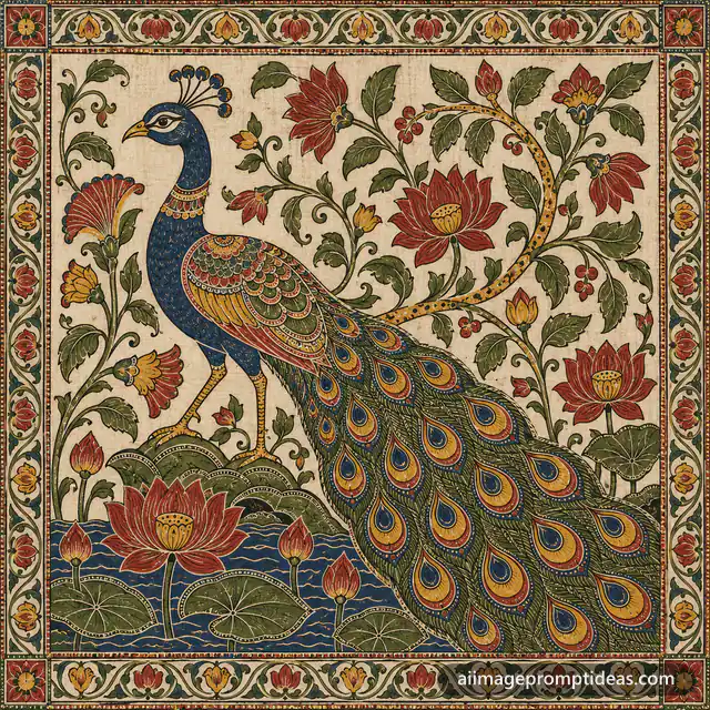Kalamkari style peacock among flowering vines in earthy colors, AI generated