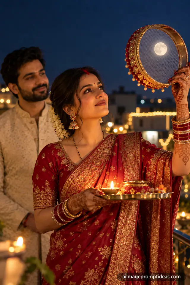 Indian woman in red saree viewing the full moon through a sieve on Karva Chauth night, AI generated