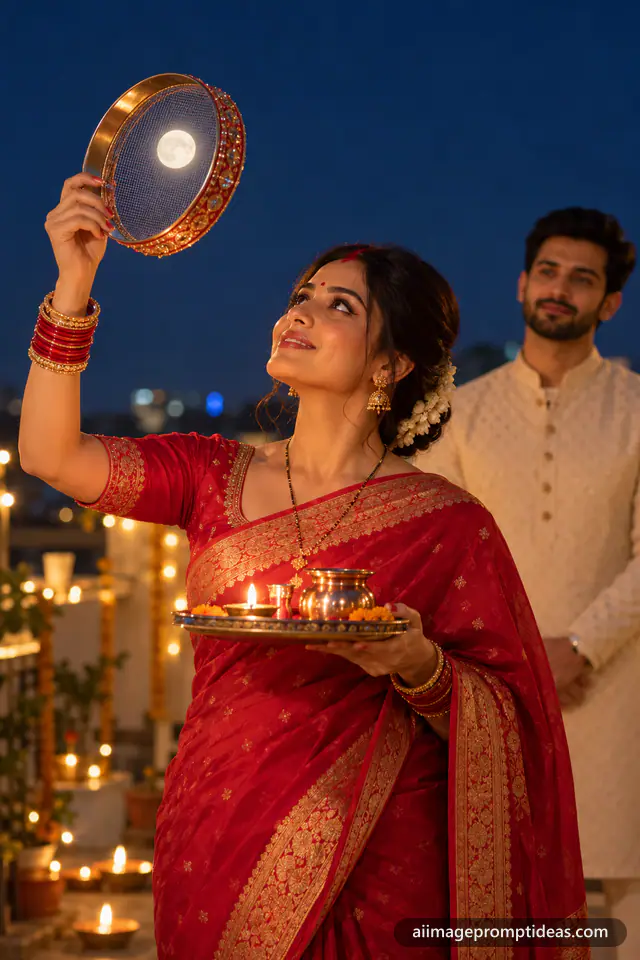 Woman in a red saree looking at the full moon through a decorated sieve on Karwa Chauth, AI generated