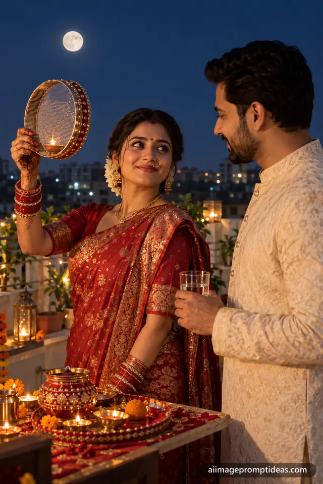 Married couple on a terrace at night on Karwa Chauth, the wife holding a decorated sieve toward the full moon, AI generated