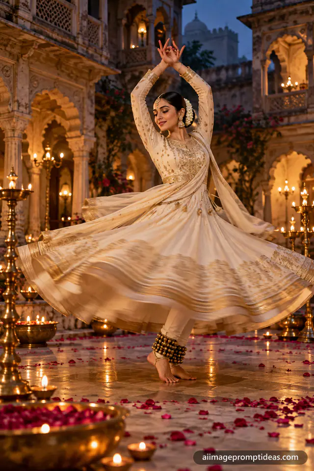 Kathak dancer spinning in a flowing anarkali in a haveli courtyard, AI generated