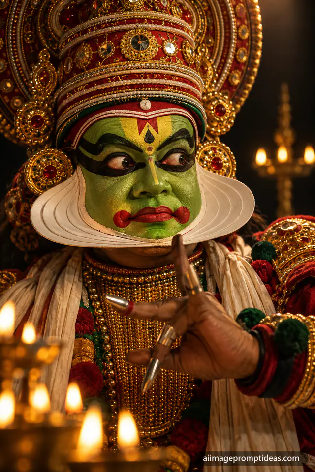 Close-up of a Kathakali dancer with green face paint and a golden crown in stage light, AI generated