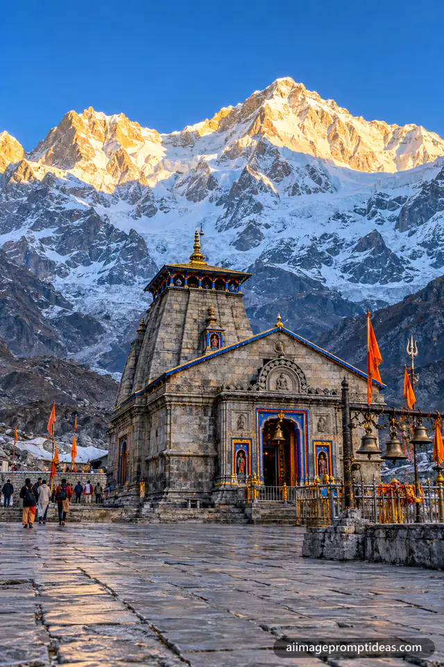 Ancient Kedarnath stone temple with massive snowy Himalayan peaks in golden morning light, AI generated