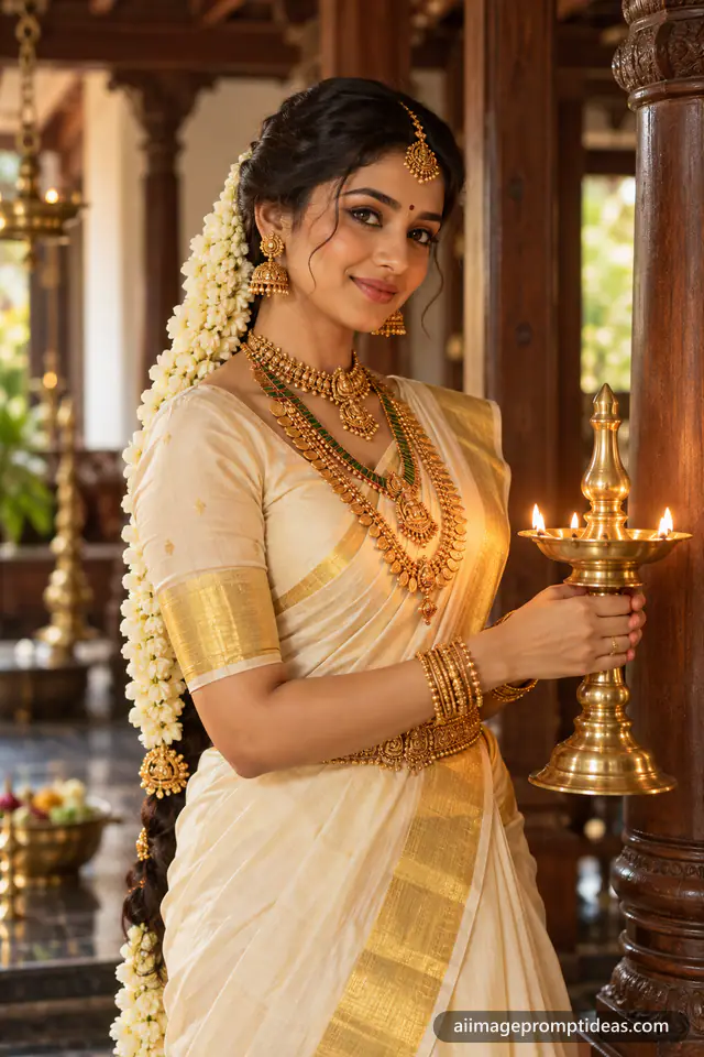 Kerala bride in a cream and gold kasavu saree with heavy temple jewellery and jasmine, AI generated