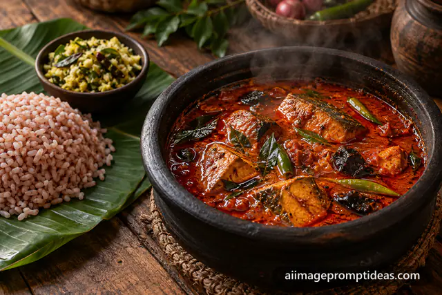 Spicy red Kerala fish curry in a black clay pot beside red rice on a banana leaf, AI generated