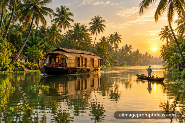 Traditional Kerala houseboat gliding through palm-lined backwaters at golden hour, AI generated