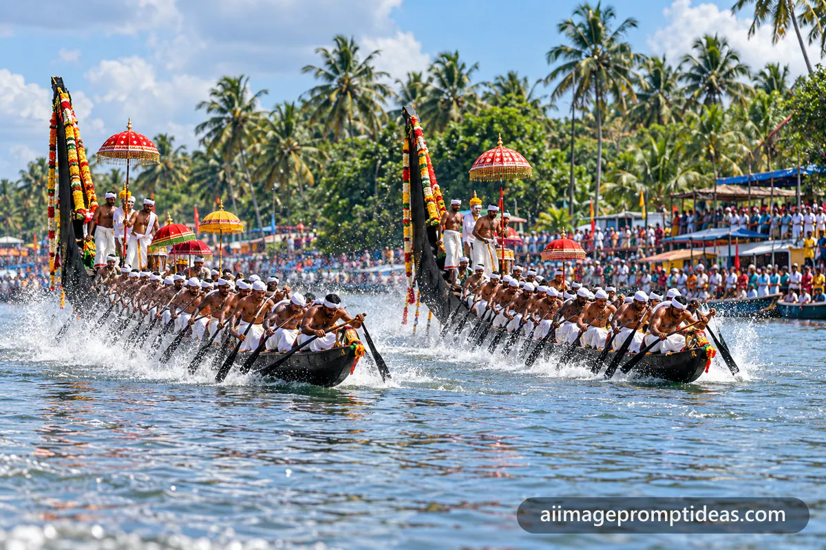 Two long snake boats packed with rowers racing on the Kerala backwaters, AI generated