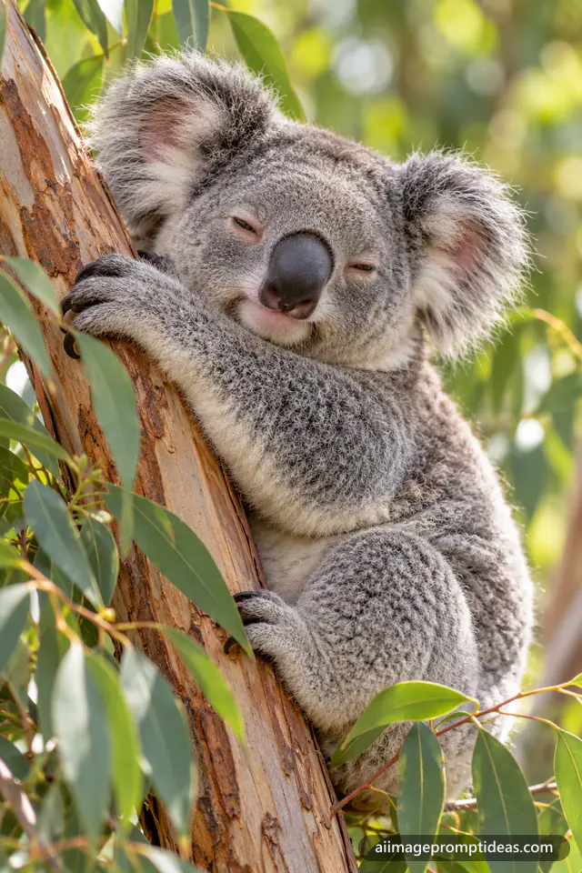 Fluffy grey koala sleepily hugging a eucalyptus branch among green leaves, AI generated