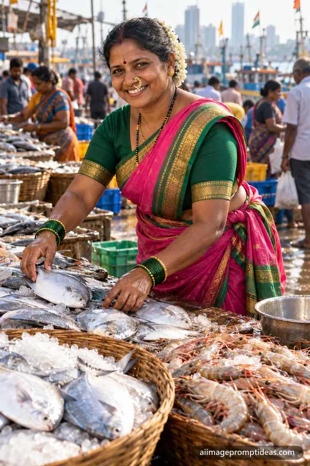 Smiling Koli fisherwoman in a pink nauvari saree arranging fresh fish at a Mumbai market, AI generated