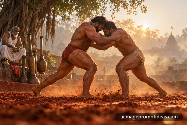 Two kushti wrestlers grappling in a misty red mud akhada at dawn, AI generated