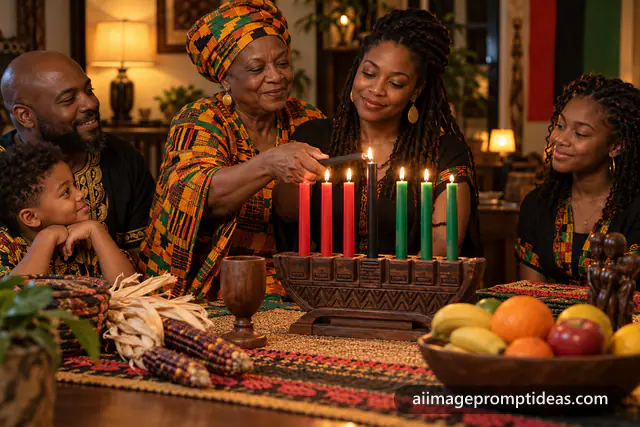 Family lighting red, black and green candles on a Kwanzaa kinara, AI generated
