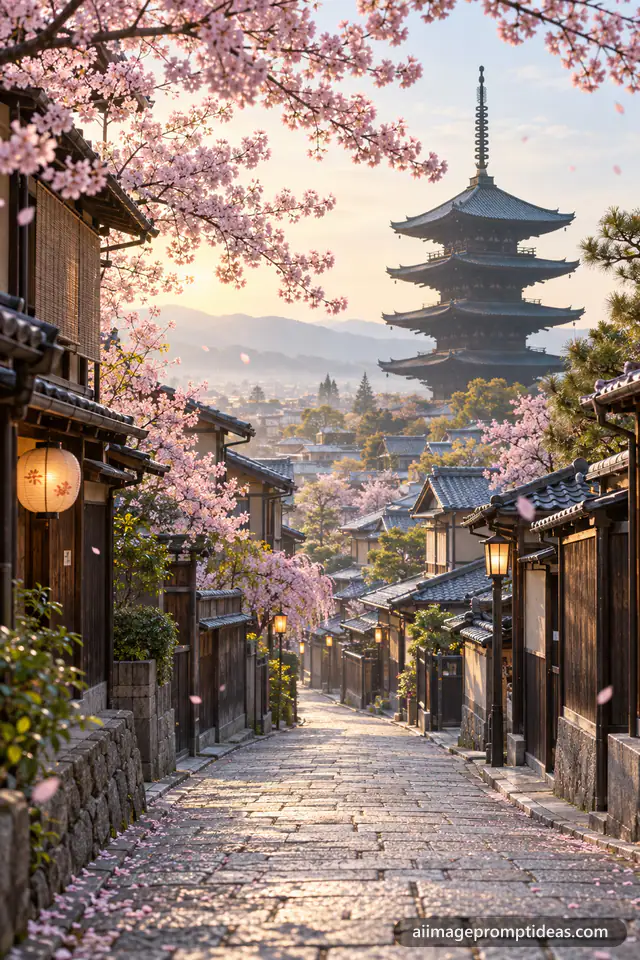 Quiet Kyoto stone street with wooden houses, a pagoda and pink cherry blossoms in soft light, AI generated