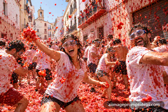 Laughing crowd throwing tomatoes in a street at La Tomatina, AI generated
