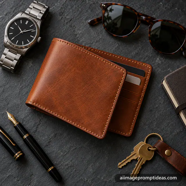 Tan leather wallet flat lay with watch, pen and keys on dark slate, AI generated
