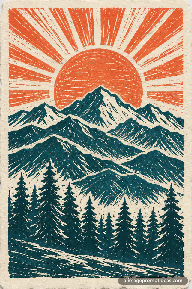 Two-color linocut print of layered mountains, pine trees and a rising sun on handmade paper, AI generated