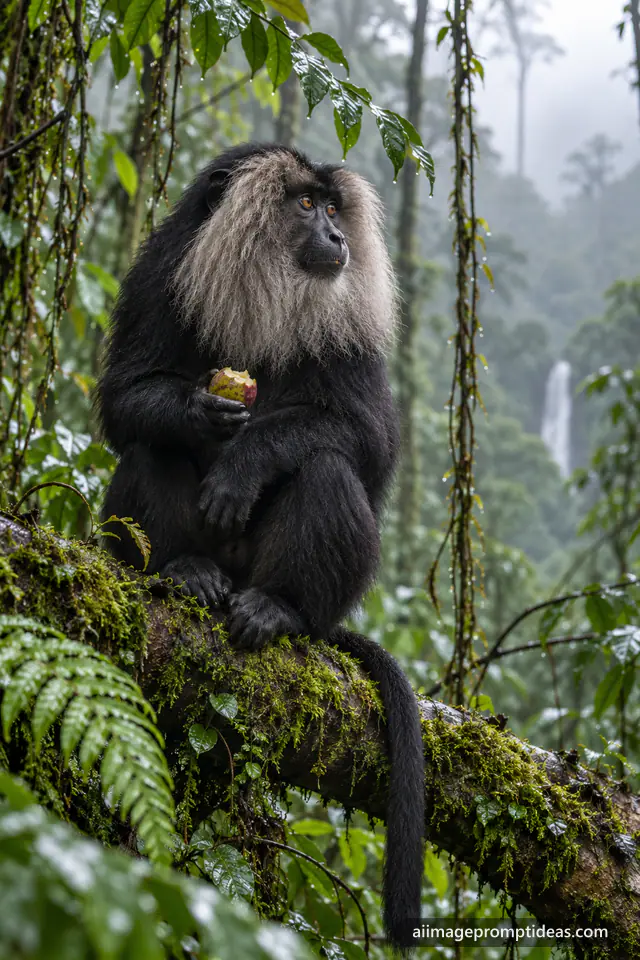 Lion-tailed macaque with a silver mane on a mossy rainforest branch, AI generated