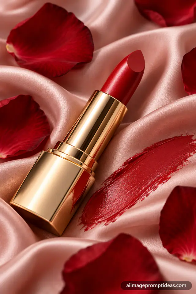 Open red lipstick in a gold case on pink silk with rose petals and a lipstick swatch, AI generated