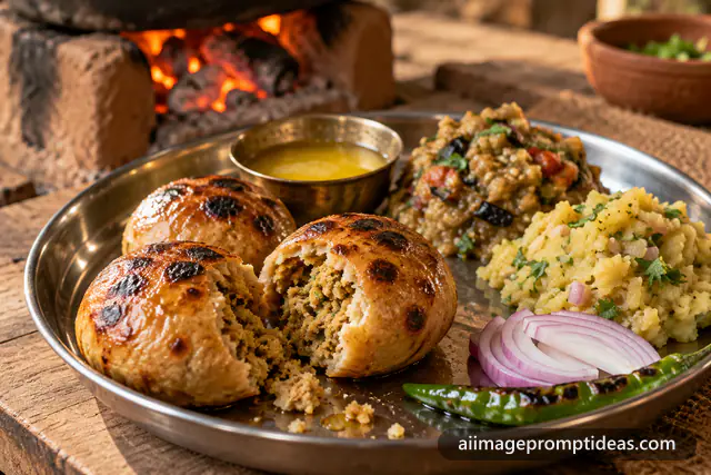 Roasted litti balls with baingan chokha, aloo chokha and ghee on a steel plate, AI generated