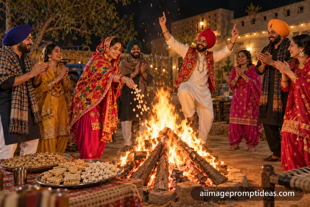 Friends in Punjabi outfits celebrating Lohri around a big bonfire with sparks at night, AI generated