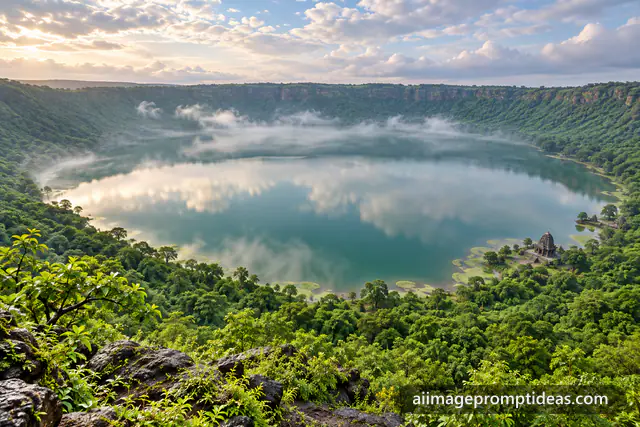 Round Lonar crater lake with green slopes and morning mist, AI generated