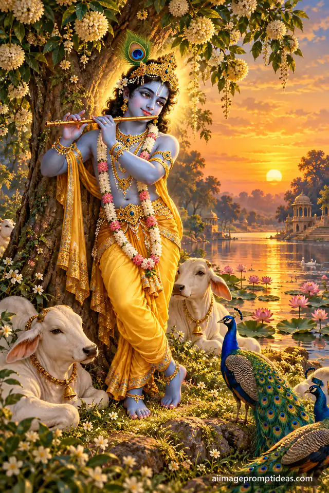 Lord Krishna playing the flute under a kadamba tree with cows and peacocks by the Yamuna at sunset, AI generated