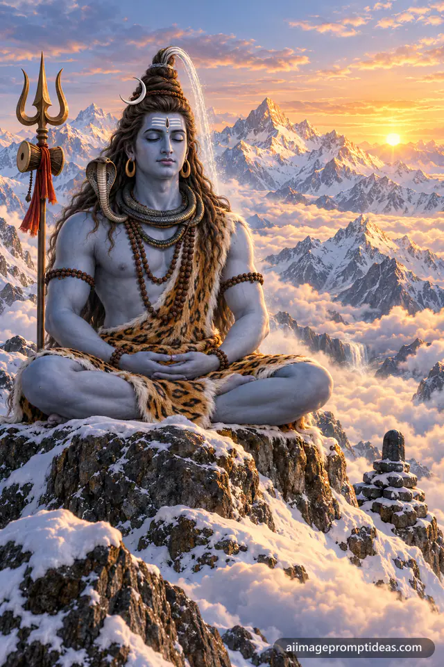 Lord Shiva meditating on a snowy Himalayan peak at dawn with a trishul and the Ganga flowing from his hair, AI generated