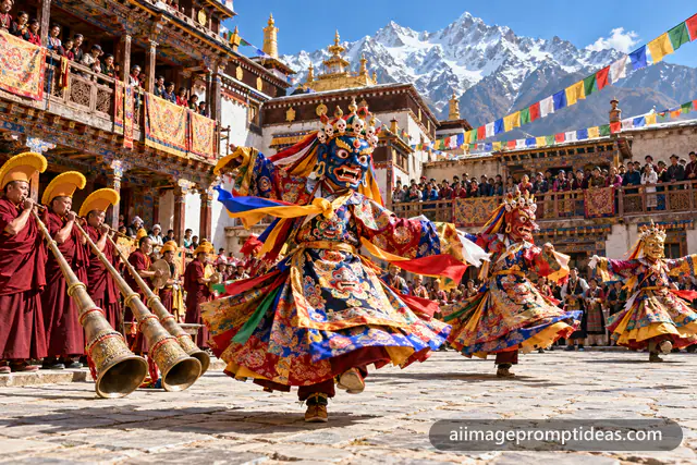 Masked cham dancers at a Losar celebration in a Himalayan monastery courtyard, AI generated