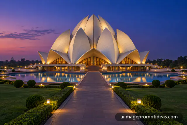 White marble Lotus Temple in Delhi glowing at dusk with reflecting pools, AI generated