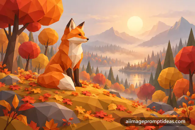 Low poly orange fox sitting in a geometric autumn forest with soft mist, AI generated