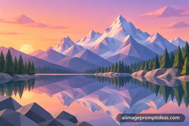 Low poly geometric mountain landscape with a lake, pine trees and pastel sunset, AI generated
